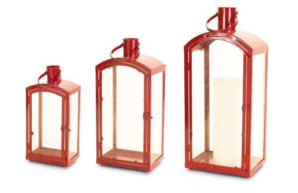 Set of Three Red Metal And Glass Floor Lantern Candle Holders - Image 2
