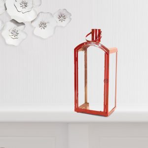 Set of Three Red Metal And Glass Floor Lantern Candle Holders