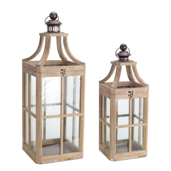 Set of Two Brown Wood and Glass Geometric Floor Lantern Candle Holders - Image 2