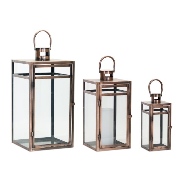 Set of Three Copper Glass and Metal Geometric Floor Lantern Candle Holders - Image 2