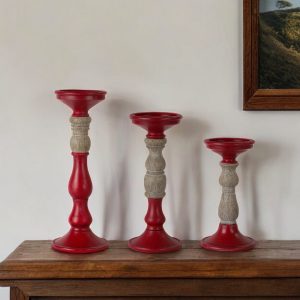 Set of Three Red and Natural Resin Ornate Tabletop Pillar Candle Holders