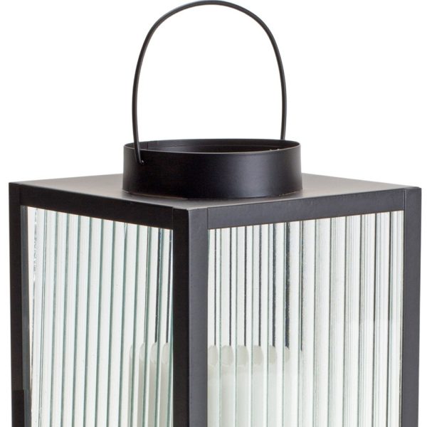 14" Black Iron and Glass Striped Tabletop Lantern Candle Holder - Image 3