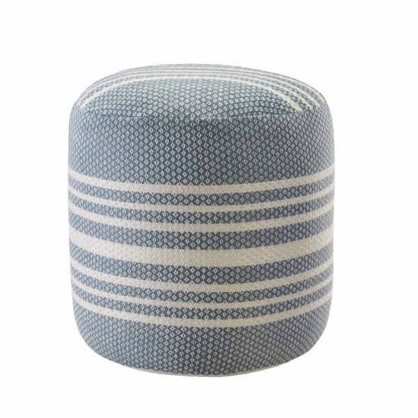 20" Blue Polyester Round Striped Indoor Outdoor Pouf Ottoman - Image 2