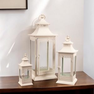 Set of Three Ivory Glass and Metal Ornate Floor Lantern Candle Holders