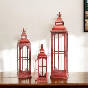 Set of Three Red Glass and Metal Ornate Floor Lantern Candle Holders