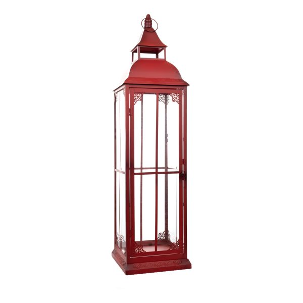 Set of Three Red Glass and Metal Ornate Floor Lantern Candle Holders - Image 3