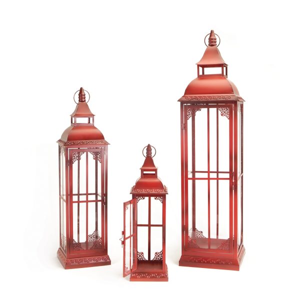 Set of Three Red Glass and Metal Ornate Floor Lantern Candle Holders - Image 2
