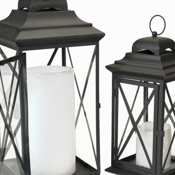 Set of Three Black Iron and Glass Geometric Floor Lantern Candle Holders - Image 2