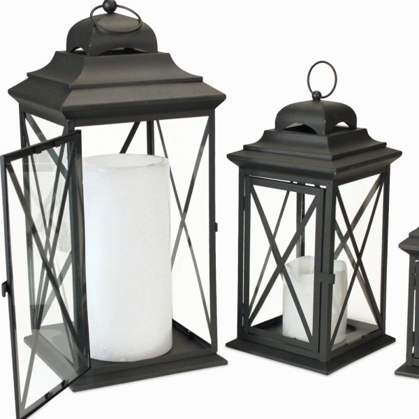 Set of Three Black Iron and Glass Geometric Floor Lantern Candle Holders - Image 3