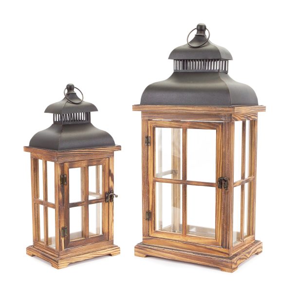 Set of Two Natural and Black Glass Wood and Metal Floor Lantern Candle Holders - Image 2