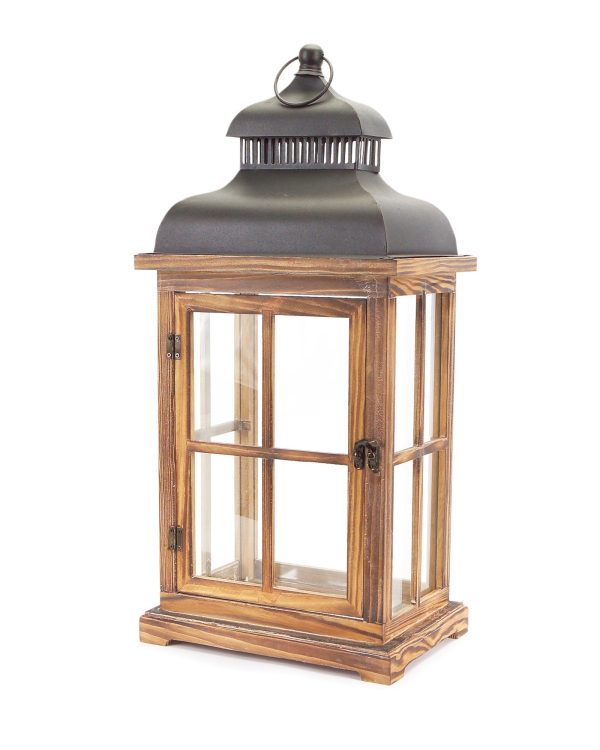 Set of Two Natural and Black Glass Wood and Metal Floor Lantern Candle Holders - Image 3