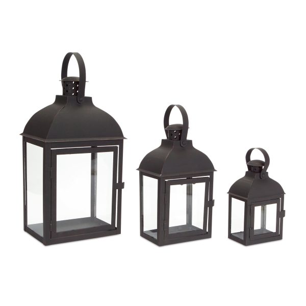 Set of Three Clear and Black Glass and Metal Floor Lantern Candle Holders - Image 2