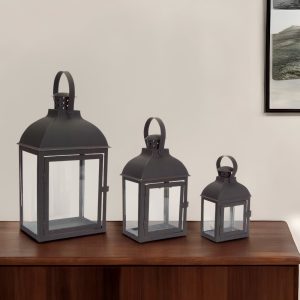 Set of Three Clear and Black Glass and Metal Floor Lantern Candle Holders