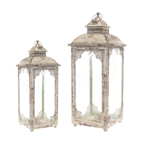 Set of Two Beige Glass and Metal Distressed Floor Lantern Candle Holders - Image 2