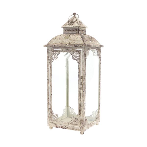Set of Two Beige Glass and Metal Distressed Floor Lantern Candle Holders - Image 3