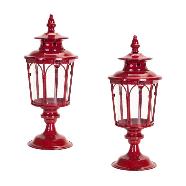 Set of Two Red Glass and Metal Distressed Tabletop Lantern Candle Holders - Image 2