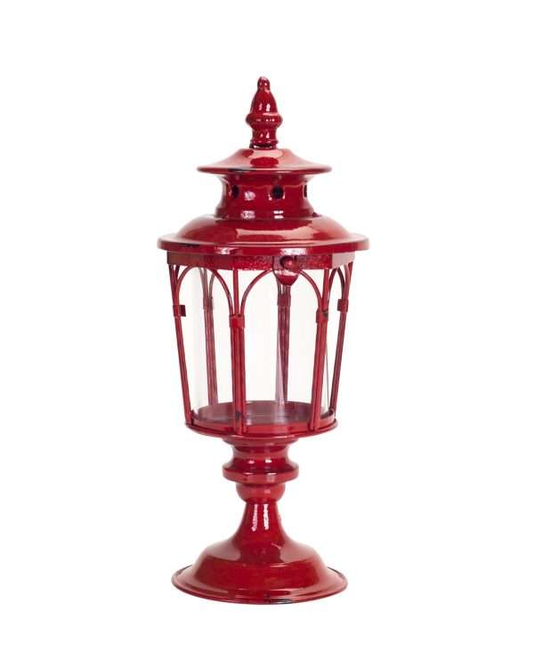 Set of Two Red Glass and Metal Distressed Tabletop Lantern Candle Holders - Image 3