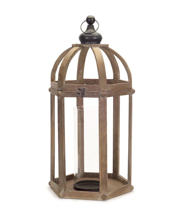 Set of Two Brown Wood and Glass Floor Lantern Candle Holders - Image 3