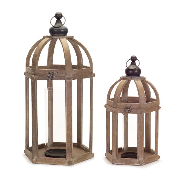 Set of Two Brown Wood and Glass Floor Lantern Candle Holders - Image 2