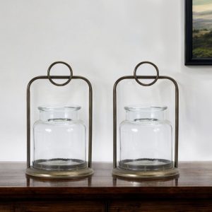 Set of Two Bronze Glass and Metal Tabletop Hurricane Candle Holders
