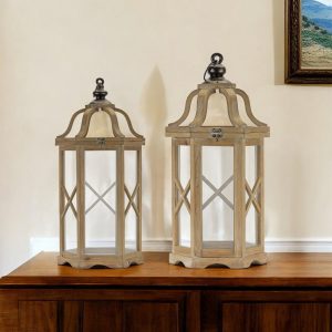 Set of Two Natural and Brown Wood and Metal Geometric Floor Lantern Candle Holders