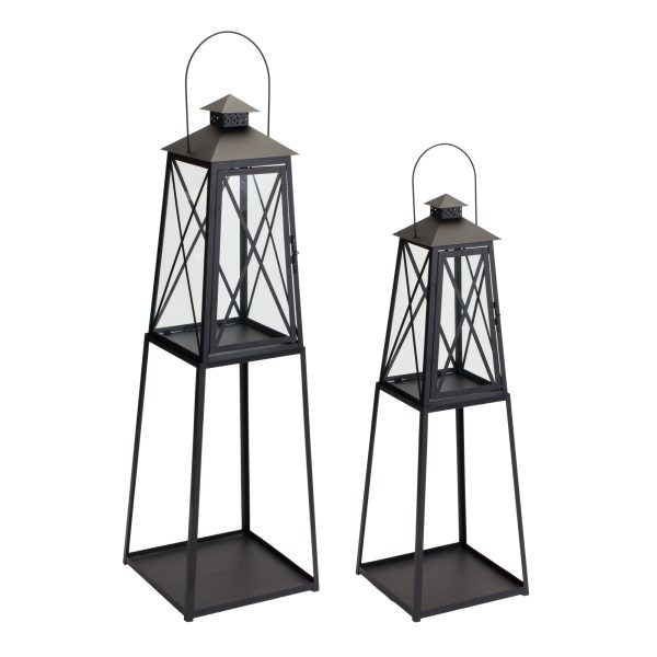 Set of Two Black Iron Ornate Tabletop Lantern Candle Holders - Image 2