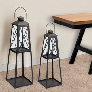 Set of Two Black Iron Ornate Tabletop Lantern Candle Holders