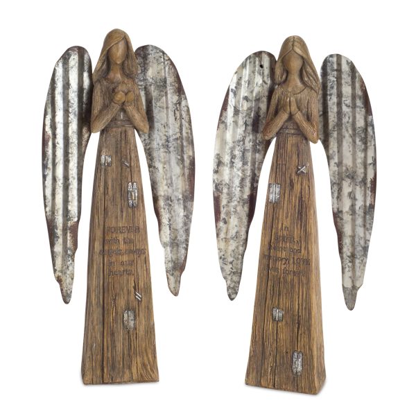 Set Of Two 14" Brown Polyresin Angel Figurine - Image 2