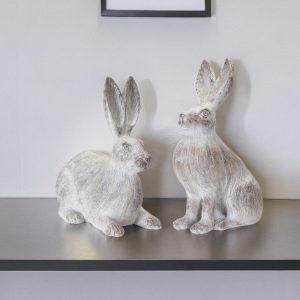 Set of Two 17" White Washed Polyresin Rabbit Tabletop Sculptures