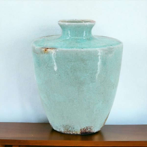 12" Aqua Terracotta Crackle Glaze Round Table Vase - Image 2