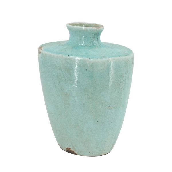 12" Aqua Terracotta Crackle Glaze Round Table Vase - Image 3
