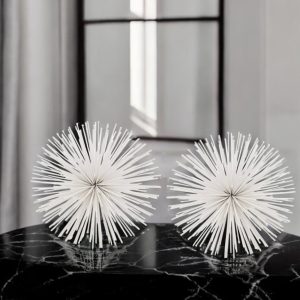 Set of Two White Iron Decorative Spiky Sphere Tabletop Sculpture