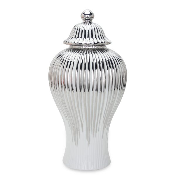 17" White and Silver Striped Urn Ceramic Ginger Jar - Image 2