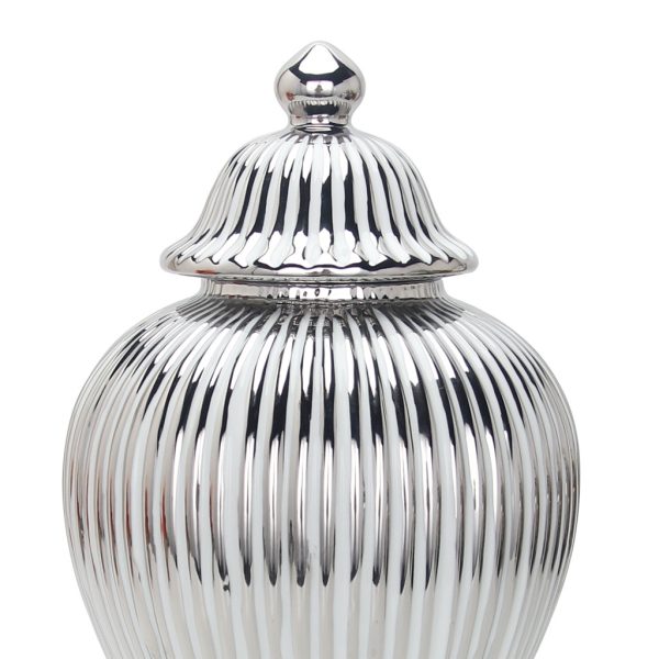 17" White and Silver Striped Urn Ceramic Ginger Jar - Image 3