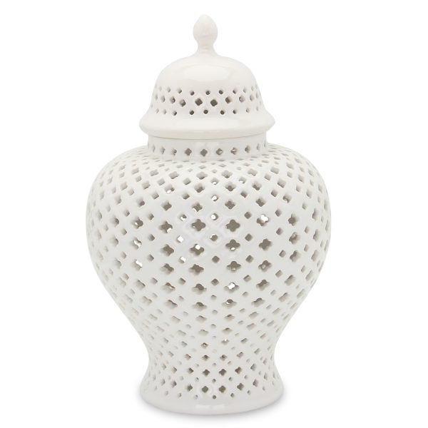 15" White Pierced Urn Ceramic Ginger Jar - Image 2