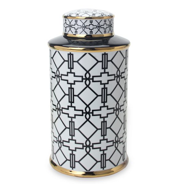 12" White and Black Geometric Cylinder Ceramic Ginger Jar - Image 2