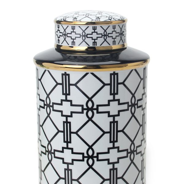 12" White and Black Geometric Cylinder Ceramic Ginger Jar - Image 3