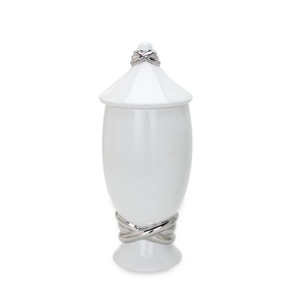 16" White and Silver Abstract Urn Ceramic Ginger Jar - Image 2
