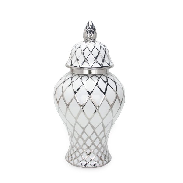 21" White and Silver Geometric Urn Ceramic Ginger Jar - Image 2
