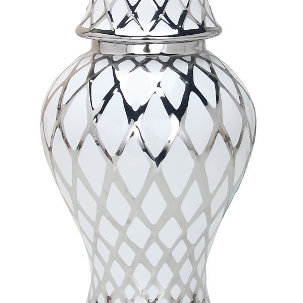 21" White and Silver Geometric Urn Ceramic Ginger Jar - Image 3