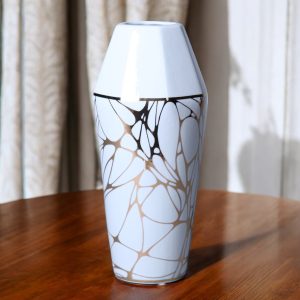13" White and Gold Abstract Cylinder Ceramic Table Vase