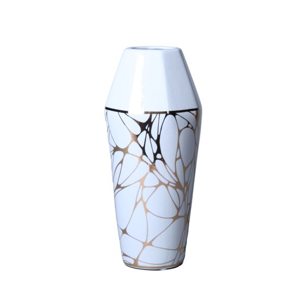 13" White and Gold Abstract Cylinder Ceramic Table Vase - Image 2