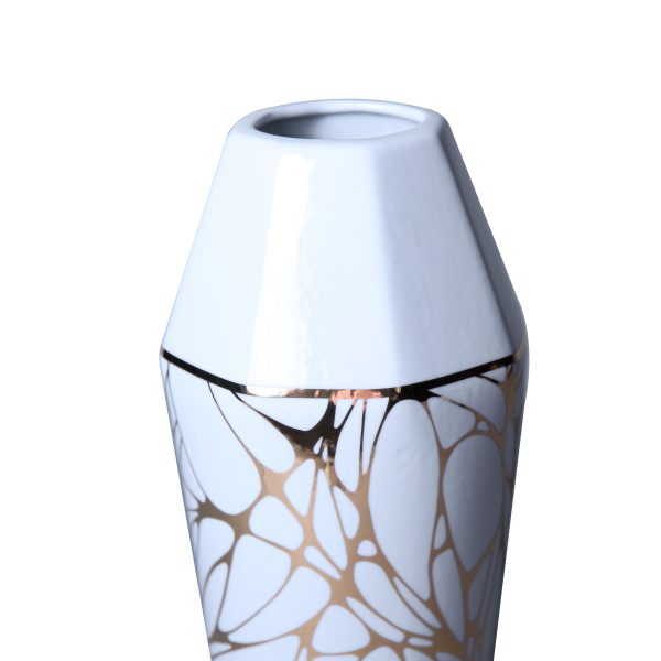 13" White and Gold Abstract Cylinder Ceramic Table Vase - Image 3