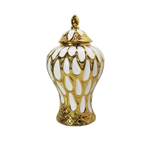 13" White and Gold Abstract Urn Ceramic Ginger Jar - Image 2