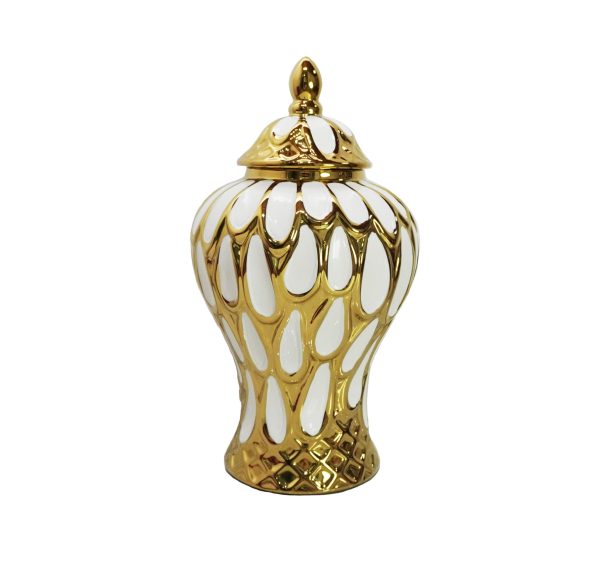 13" White and Gold Abstract Urn Ceramic Ginger Jar - Image 3