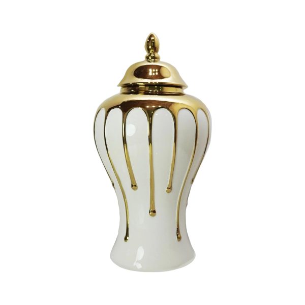 13" White and Gold Abstract Urn Ceramic Ginger Jar - Image 2