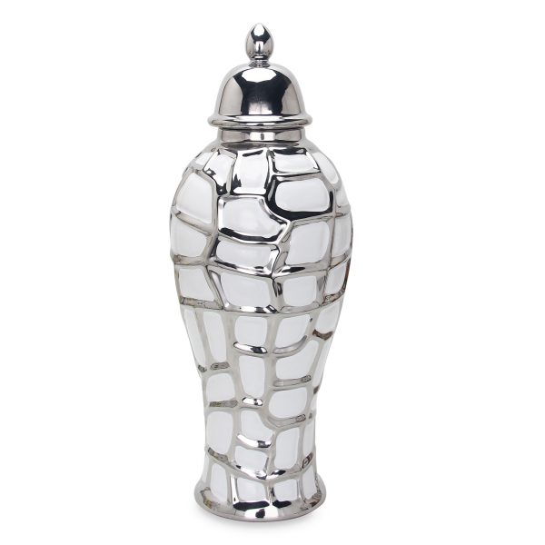 13" White and Silver Abstract Urn Ceramic Ginger Jar - Image 2