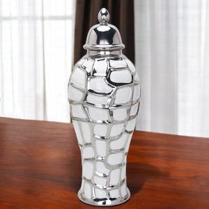 16" White and Silver Abstract Urn Ceramic Ginger Jar