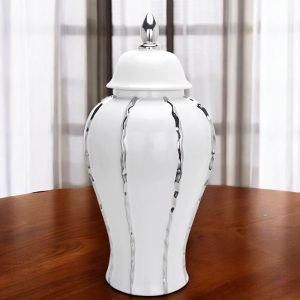 15" White And Silver Striped Urn Crystal Ginger Jar
