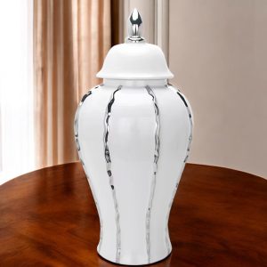 19" White And Silver Striped Urn Crystal Ginger Jar